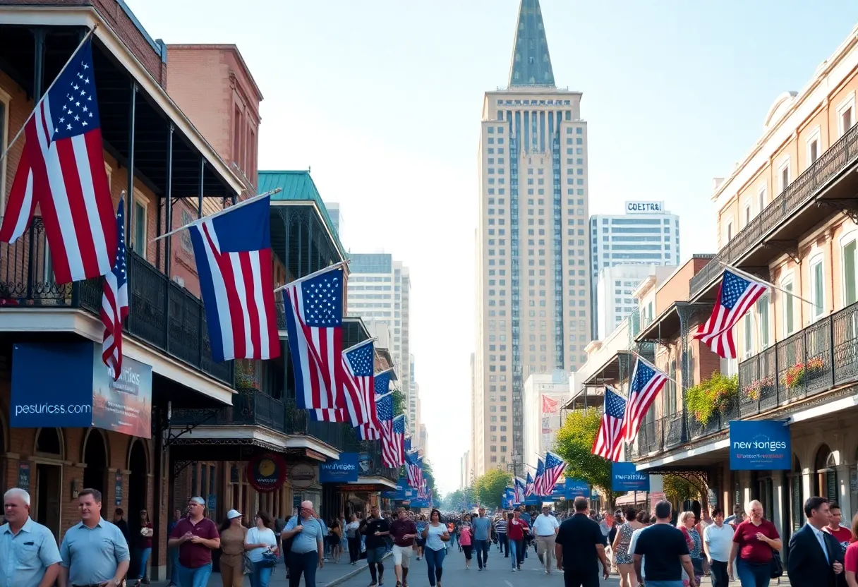 New Orleans cityscape featuring campaign banners for the mayoral election