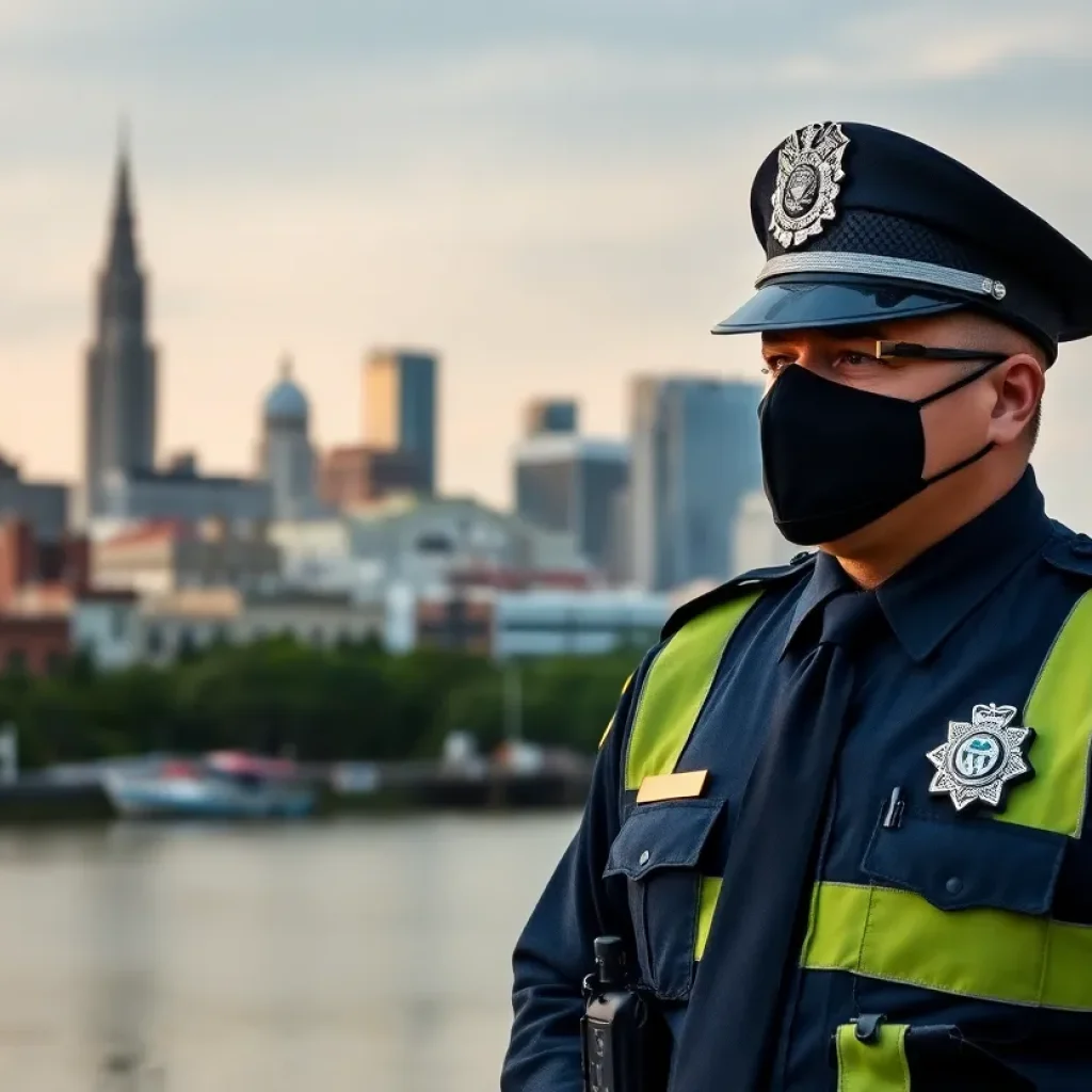 New Orleans city skyline with police presence symbolizing crime control efforts.