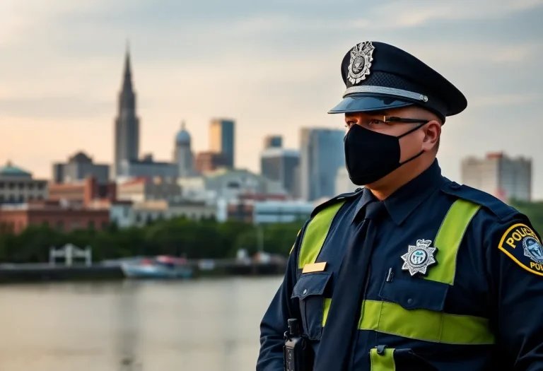 New Orleans city skyline with police presence symbolizing crime control efforts.