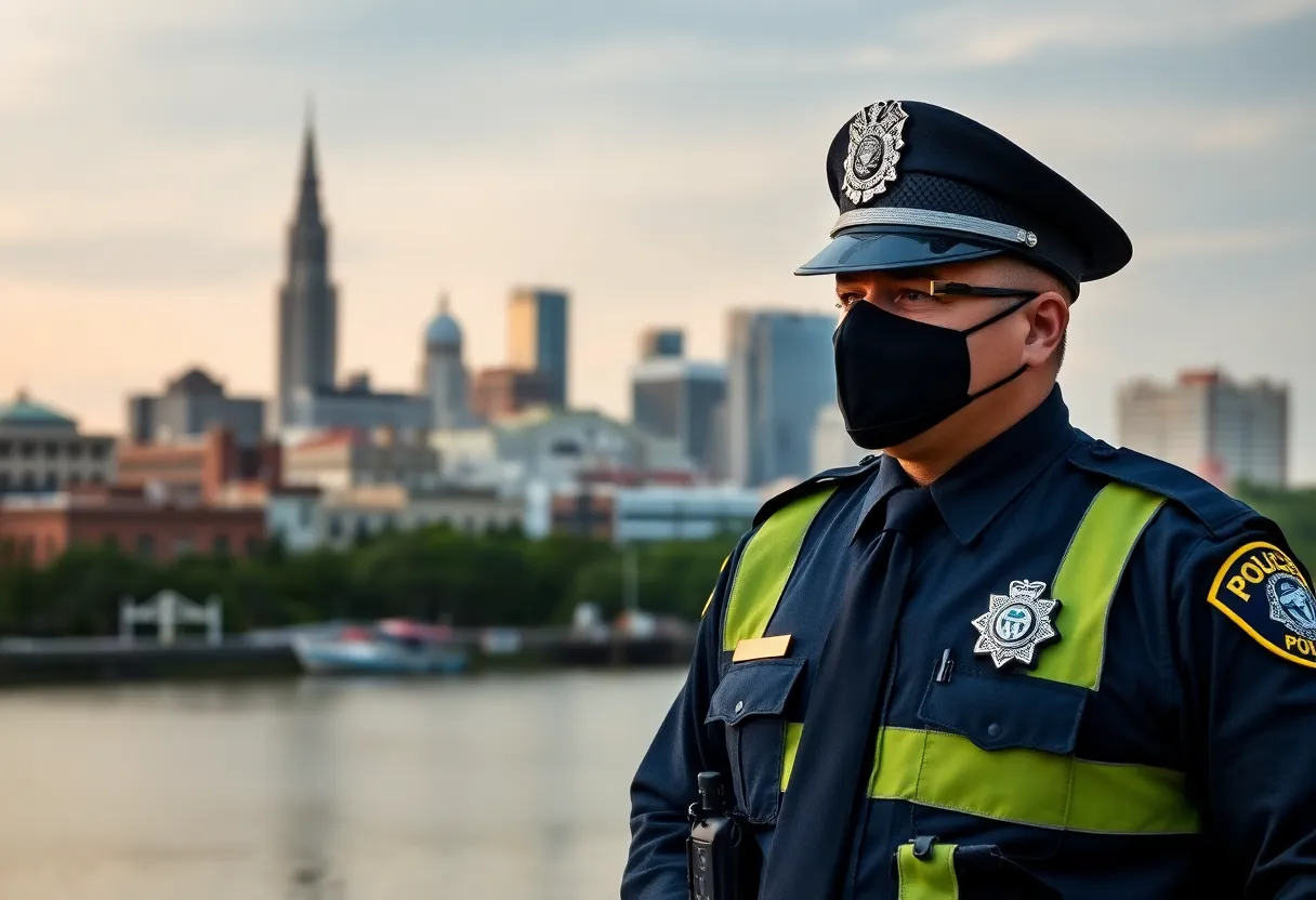 New Orleans city skyline with police presence symbolizing crime control efforts.