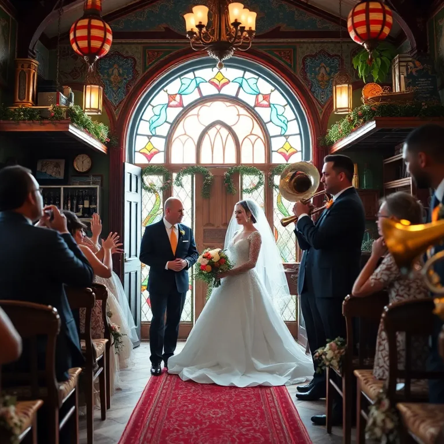 Couple exchanging vows in a liquor store wedding chapel in New Orleans.