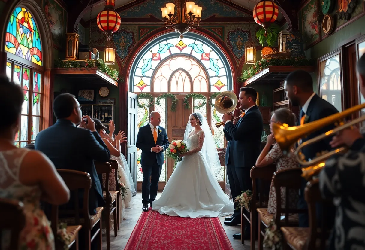 Couple exchanging vows in a liquor store wedding chapel in New Orleans.