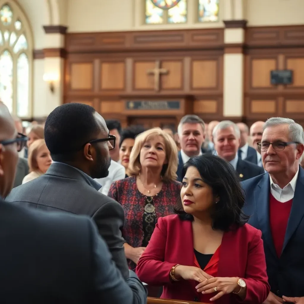 A church congregation witnessing a political confrontation
