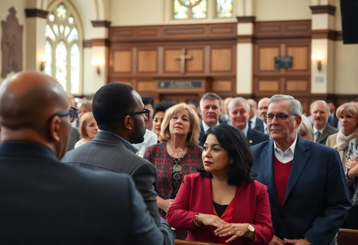 A church congregation witnessing a political confrontation
