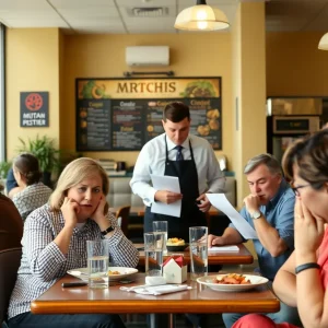 Diners at a restaurant looking at their bills