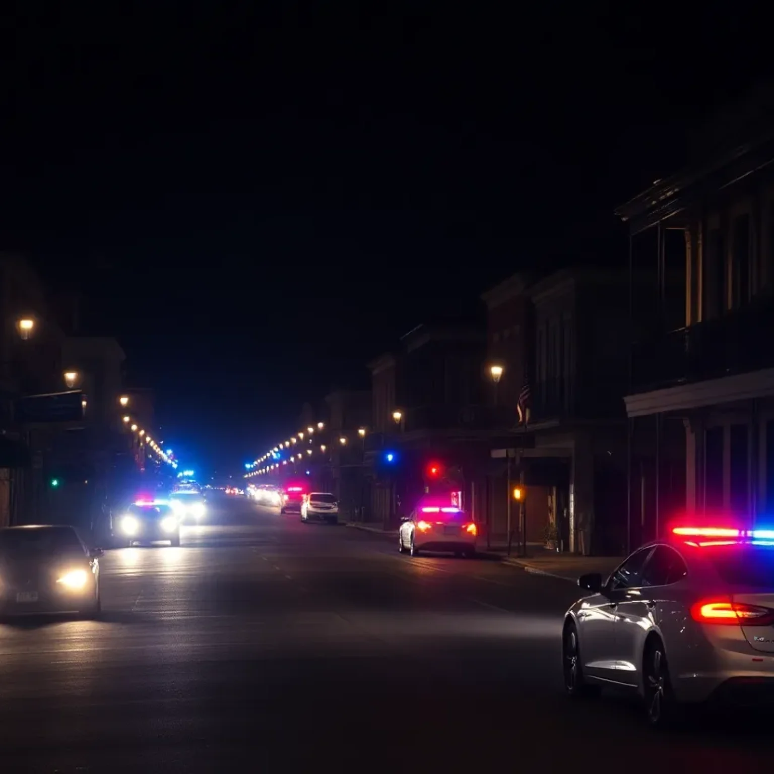 Police lights on a New Orleans street during a shooting investigation