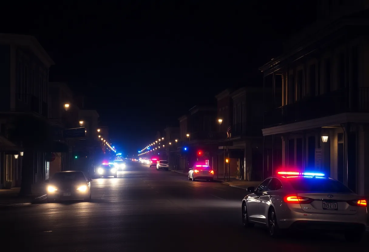 Police lights on a New Orleans street during a shooting investigation