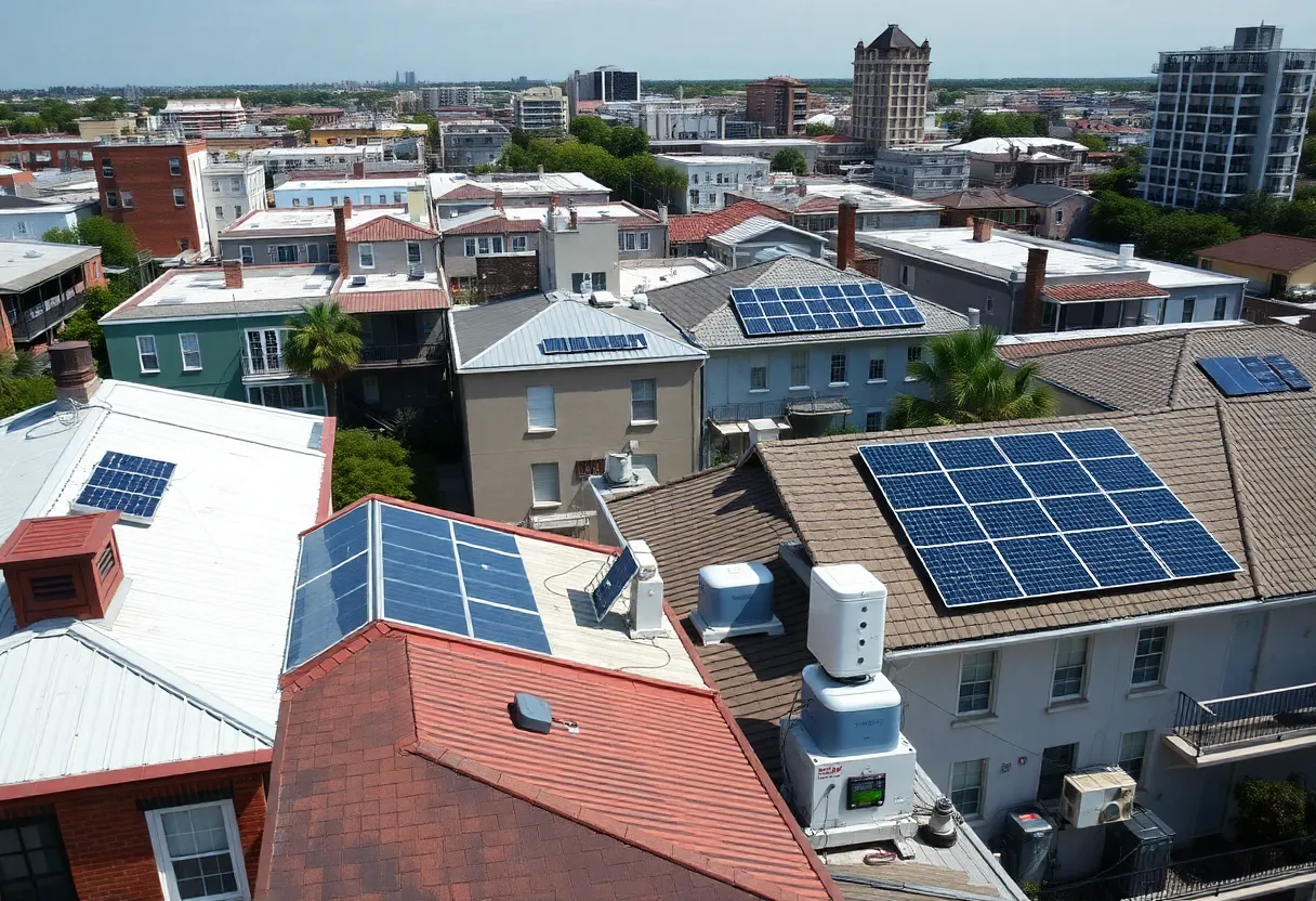 Rooftops in New Orleans with solar panels and visible battery storage systems