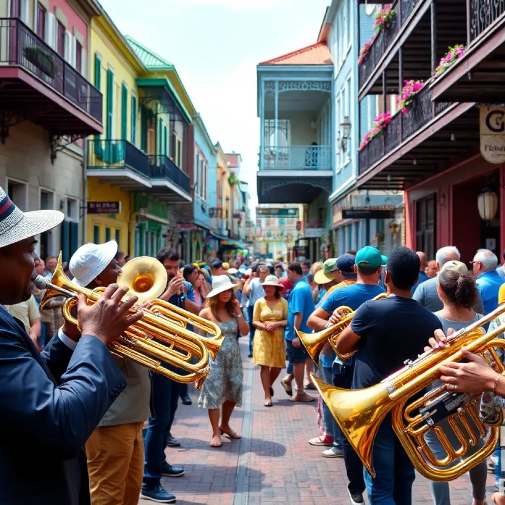 A bustling street in New Orleans filled with musicians, colorful architecture, and lively crowd enjoying local culture.