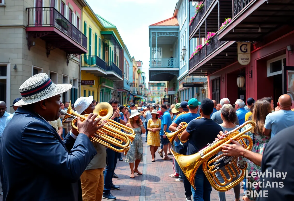 A bustling street in New Orleans filled with musicians, colorful architecture, and lively crowd enjoying local culture.