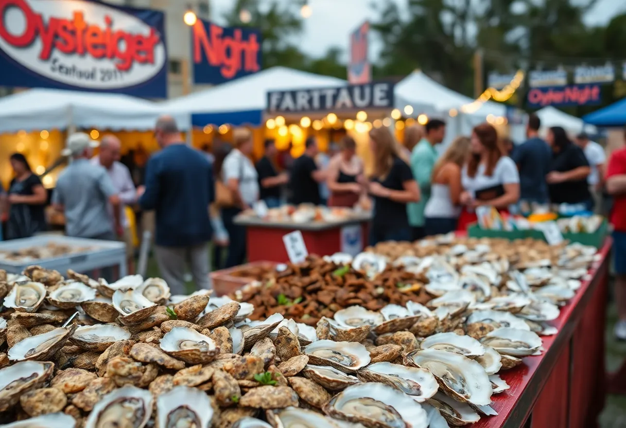 Celebration of OysterNight in New Orleans with various oyster dishes and attendees enjoying the event.