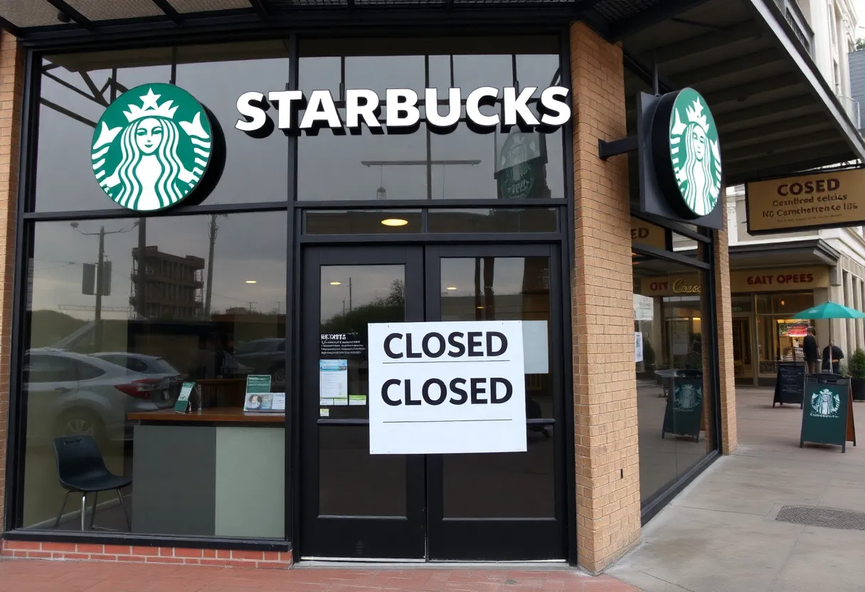 Closed Starbucks store in New Orleans with a sign reflecting closure.