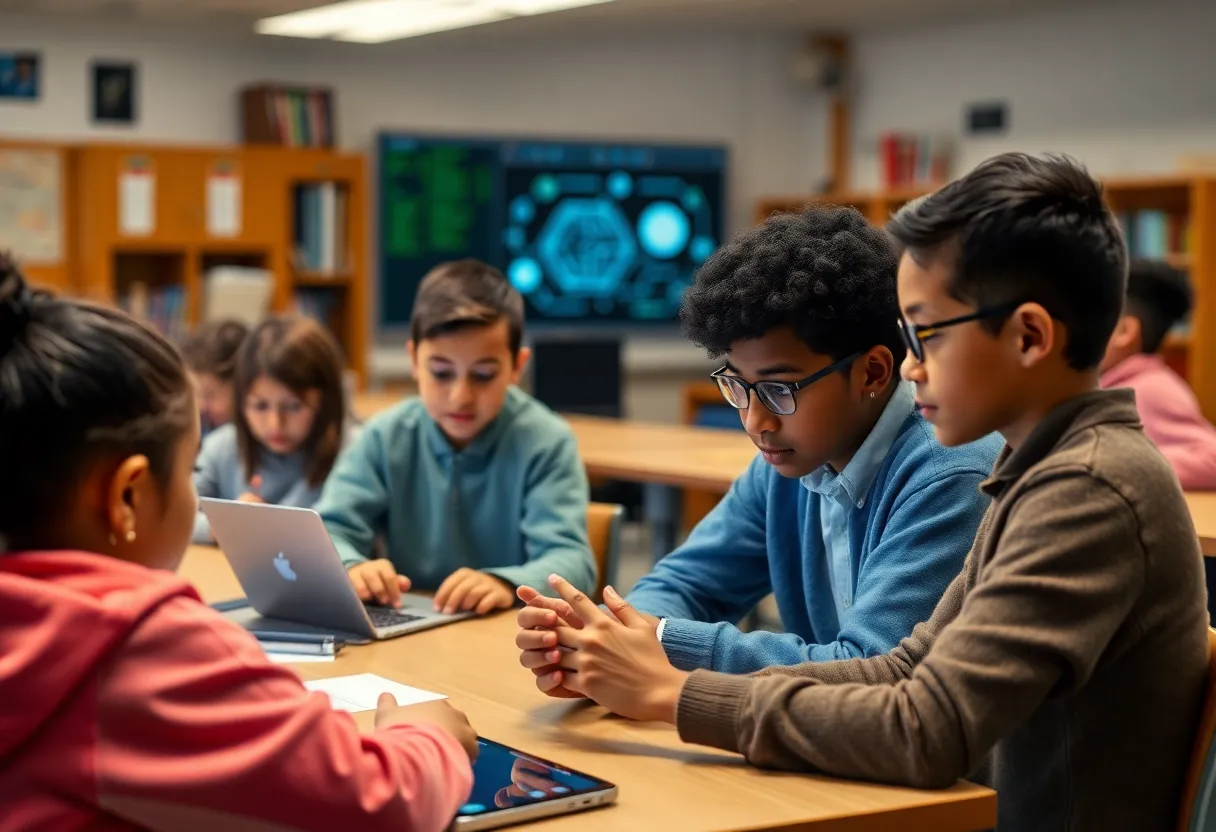 Students in a classroom using AI technology for learning