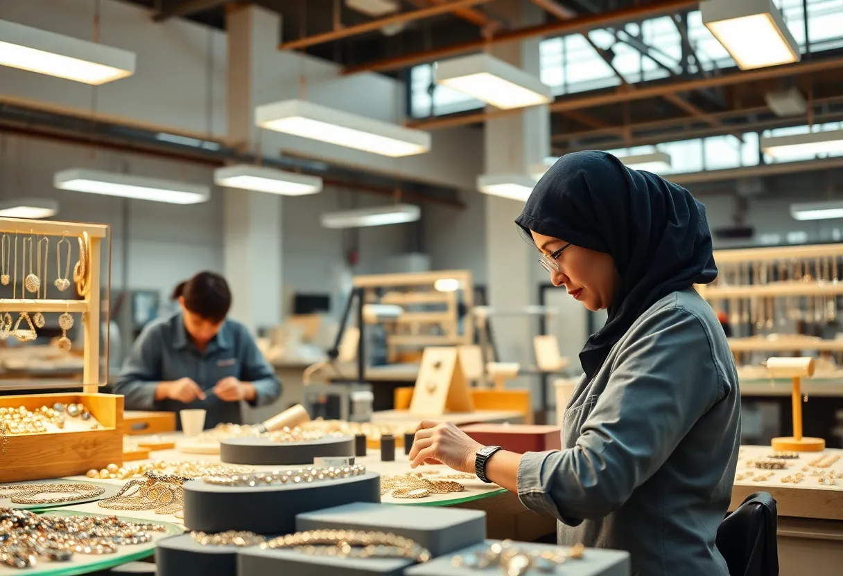 Interior of a jewelry manufacturing facility with employees at work