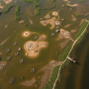 Aerial view of submerged oil wells in Louisiana wetlands.