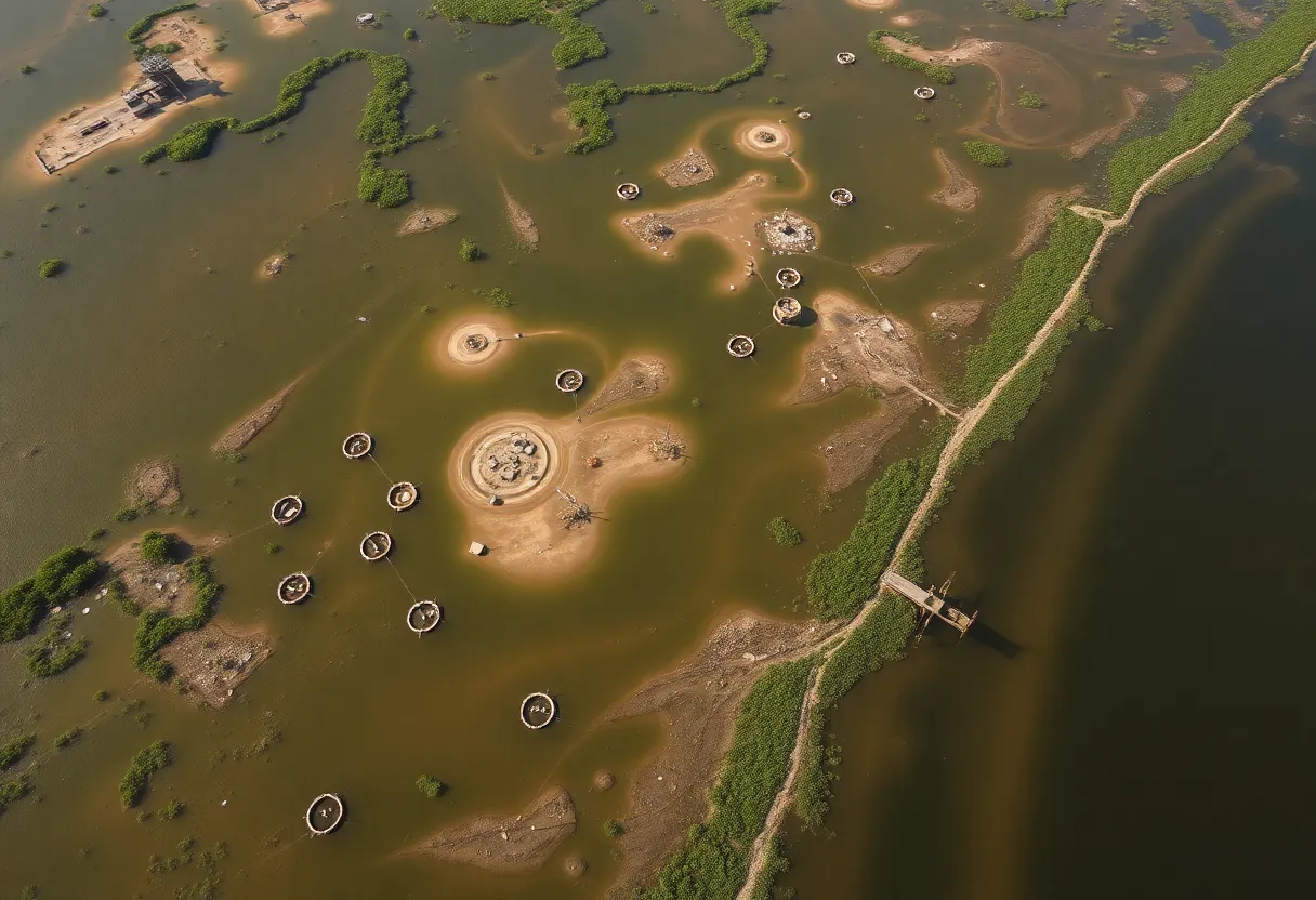 Aerial view of submerged oil wells in Louisiana wetlands.