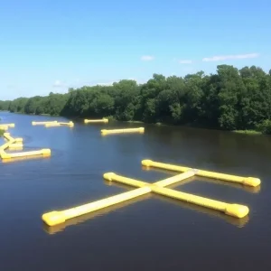 Containment booms and skimmer boats on the Tangipahoa River during cleanup operations
