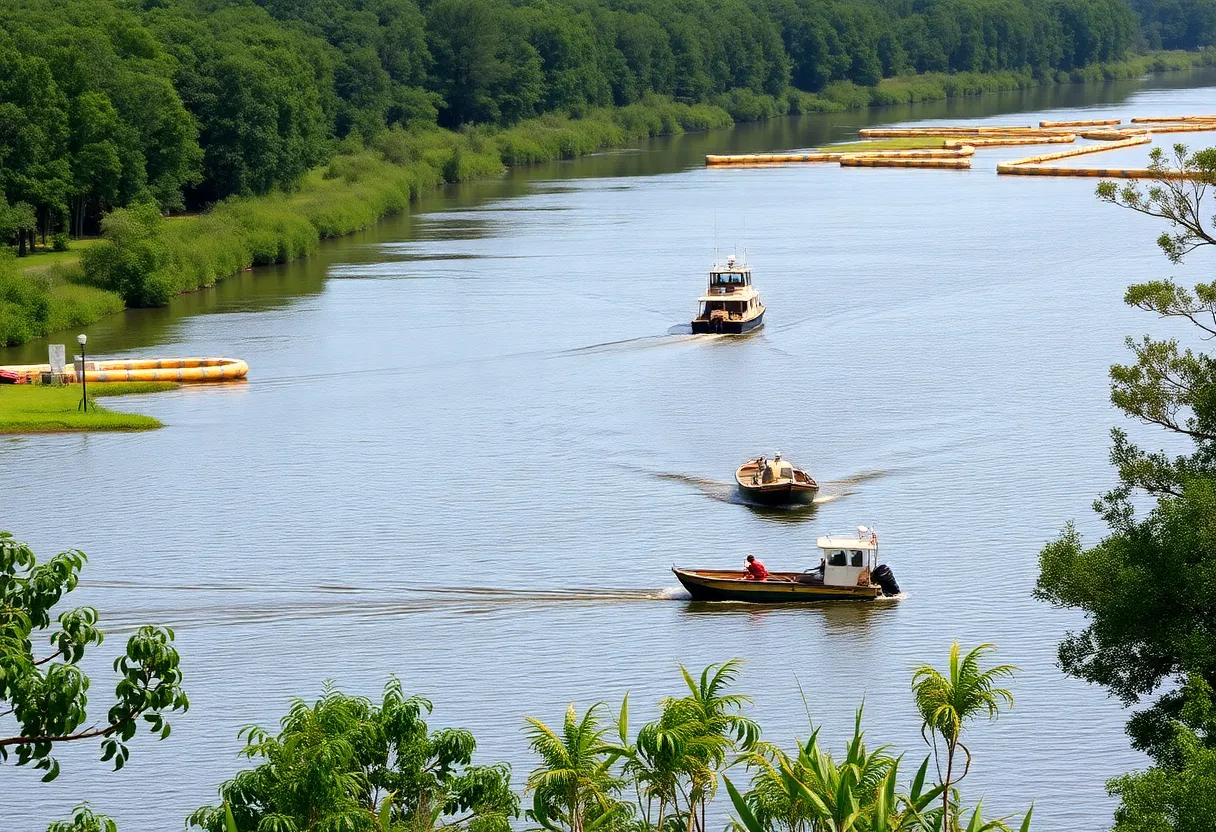 Containment booms and skimmer boats on the Tangipahoa River during cleanup operations