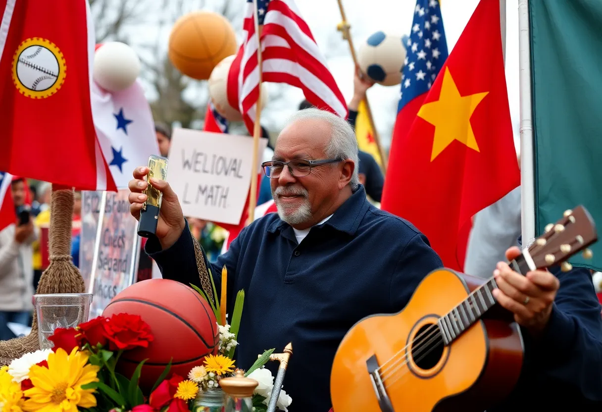 A tribute setup honoring Coach Don with sports equipment and musical instruments
