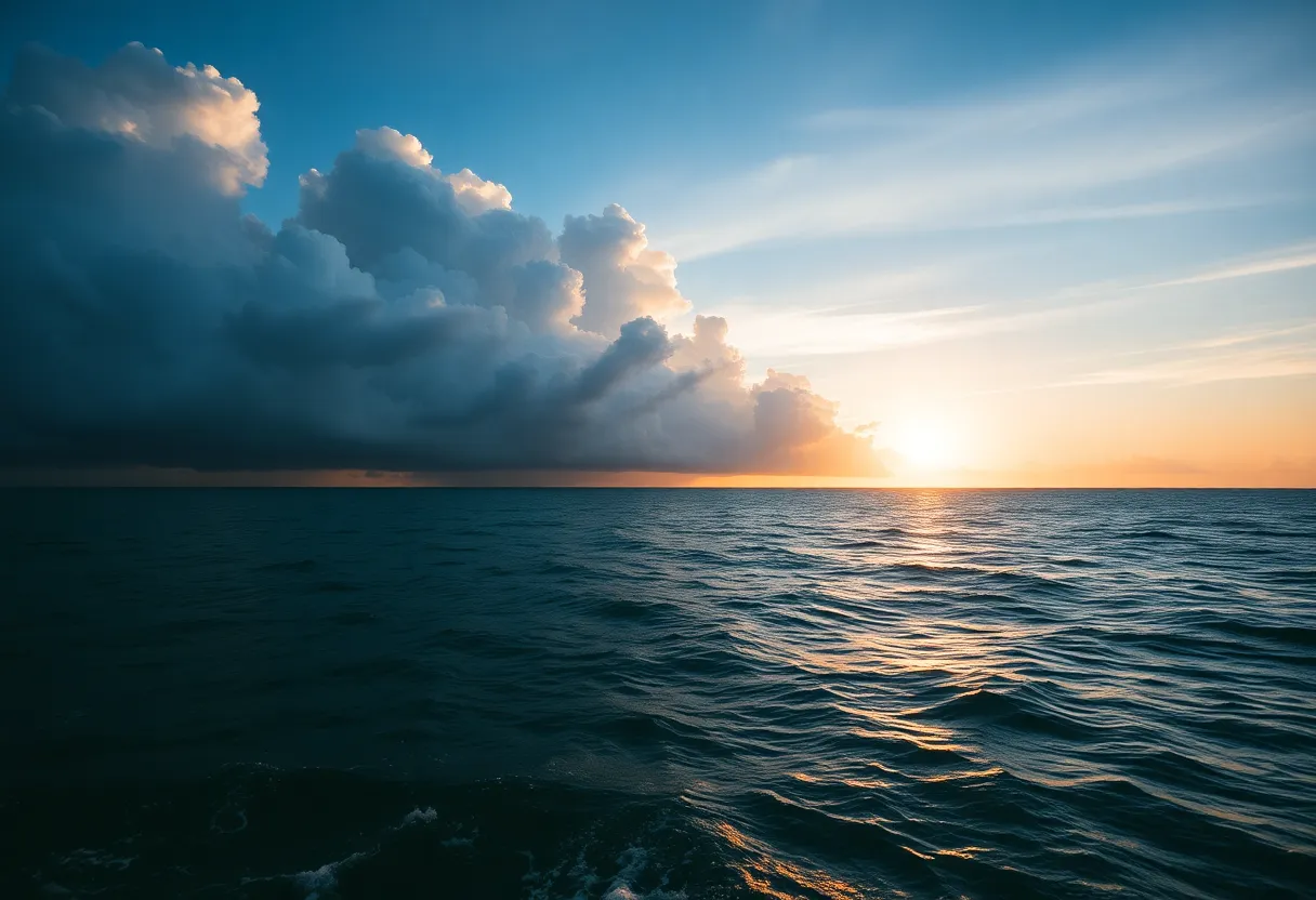 A view of the Atlantic Ocean with gathering clouds indicating tropical weather.