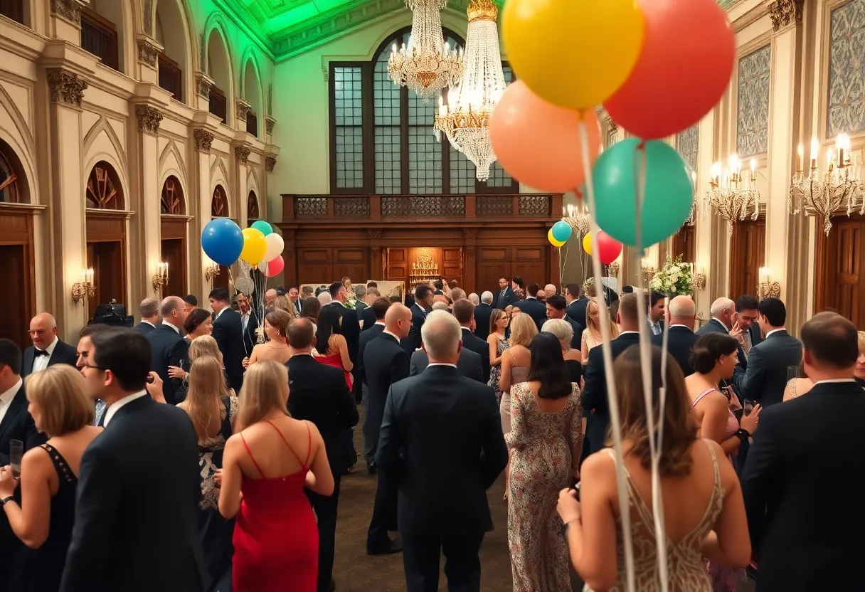 Attendees at the University of New Orleans gala wearing elegant attire and celebrating alumni achievements