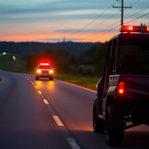 Emergency responders at a UTV accident scene on a rural highway.