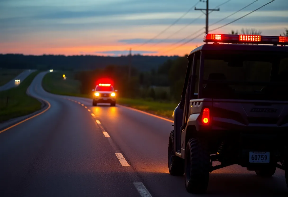 Emergency responders at a UTV accident scene on a rural highway.