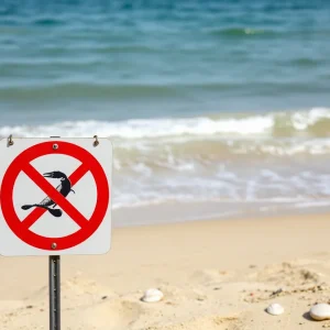 Warning sign about raw seafood and Vibrio vulnificus at a beach