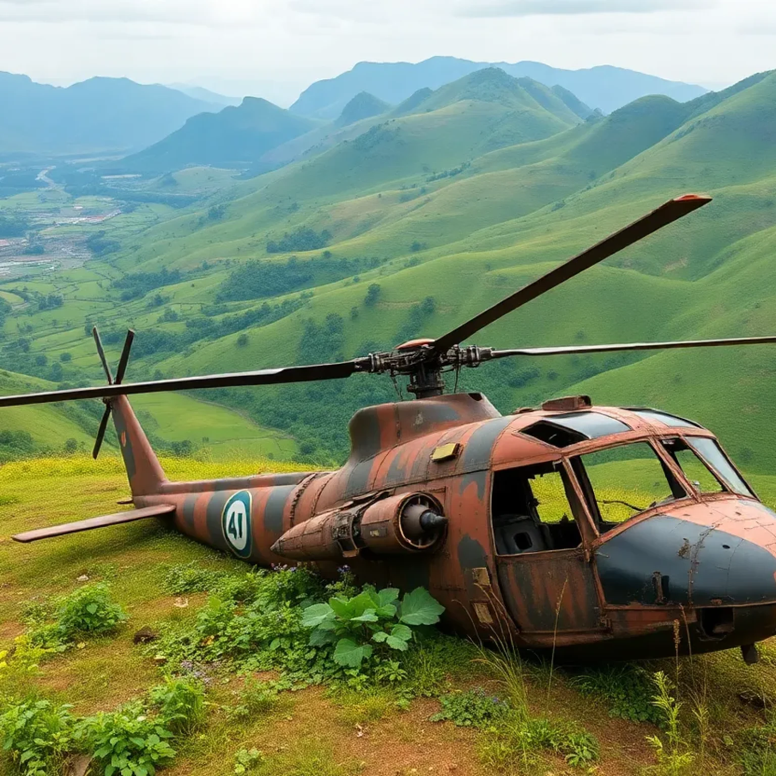 Helicopter wreckage from the Vietnam War in a green valley setting.