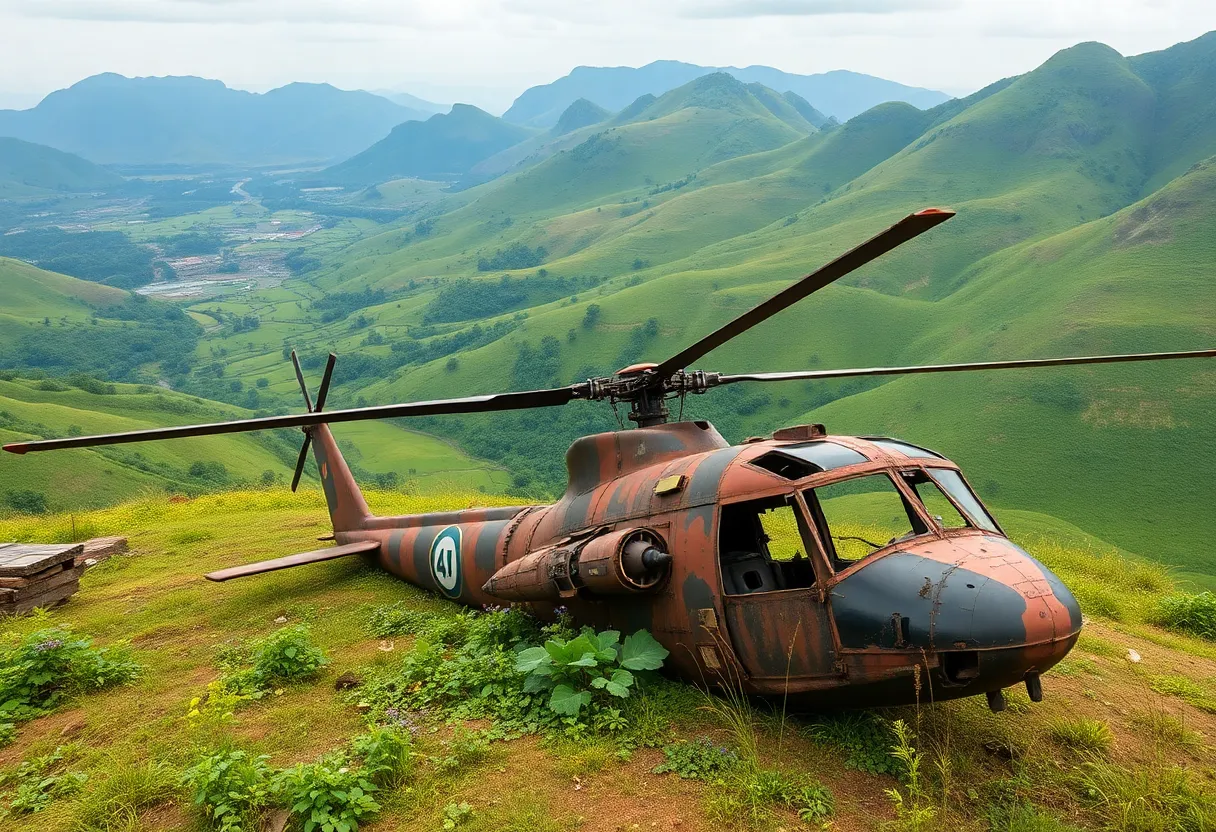 Helicopter wreckage from the Vietnam War in a green valley setting.