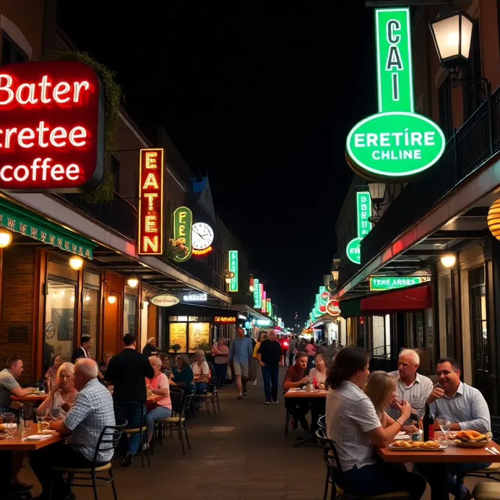 Diners enjoying late-night Creole food on a lively street in New Orleans.