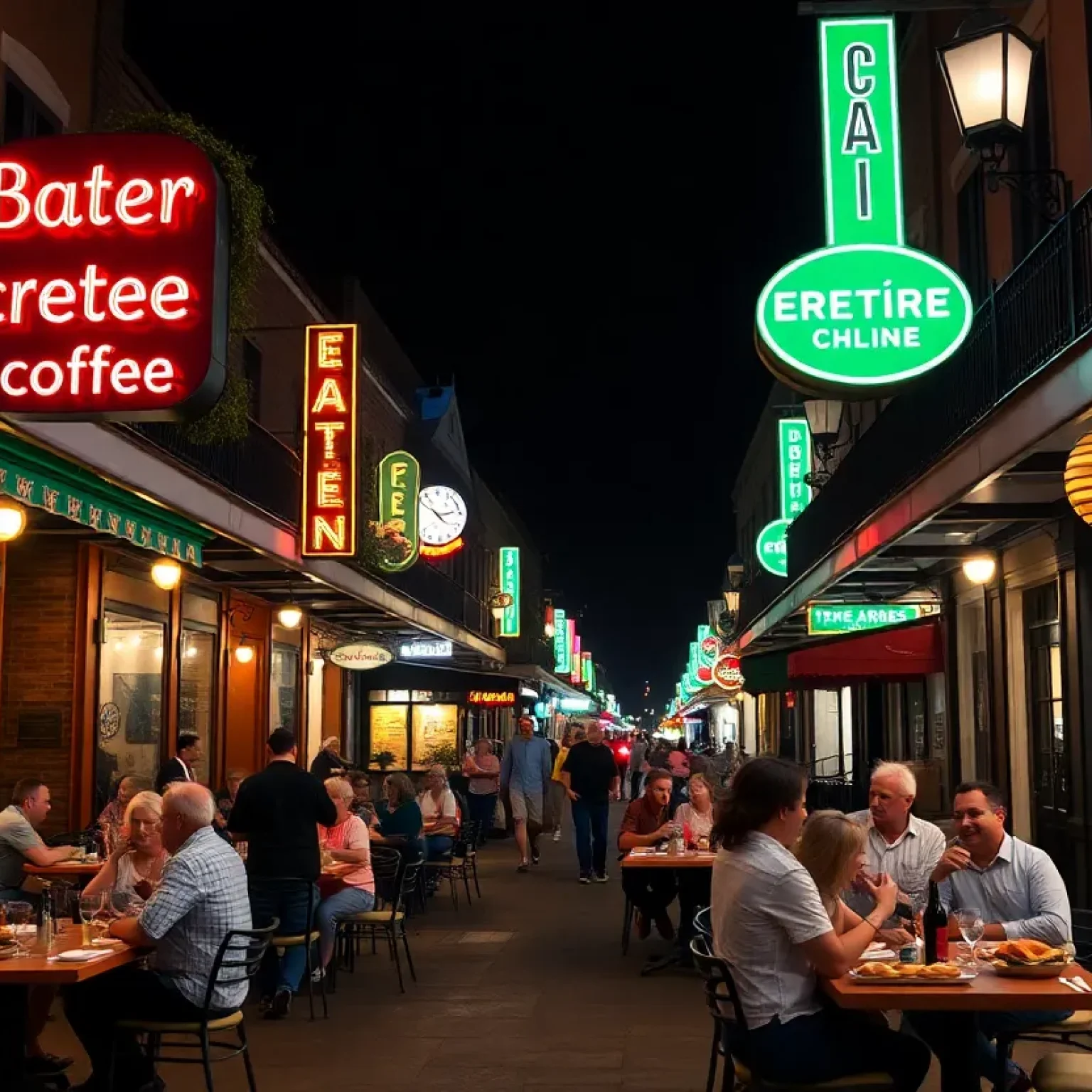 Diners enjoying late-night Creole food on a lively street in New Orleans.