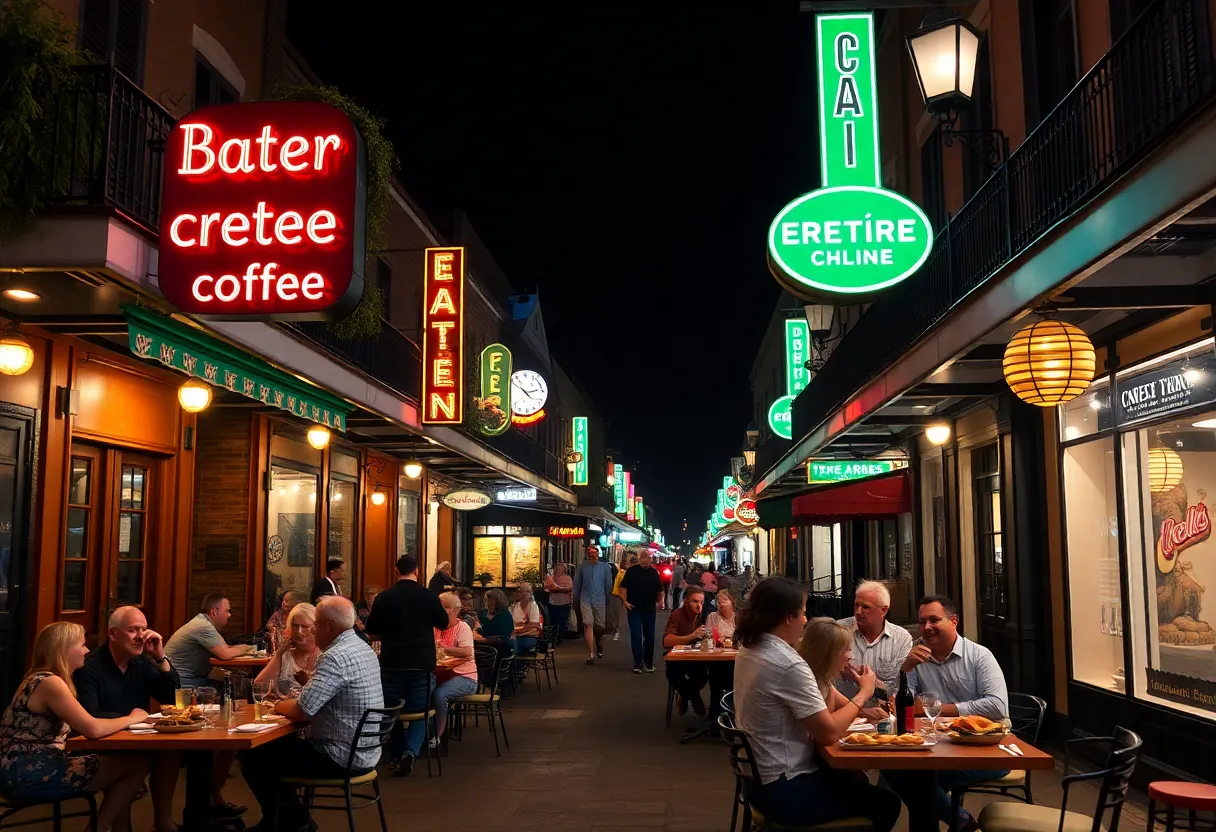 Diners enjoying late-night Creole food on a lively street in New Orleans.