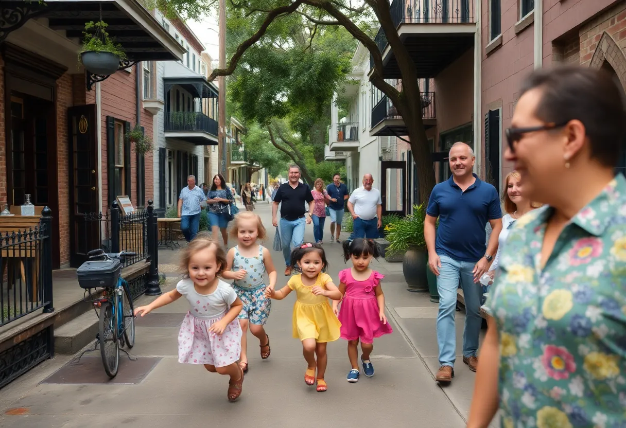Families enjoying a sunny day in a New Orleans neighborhood
