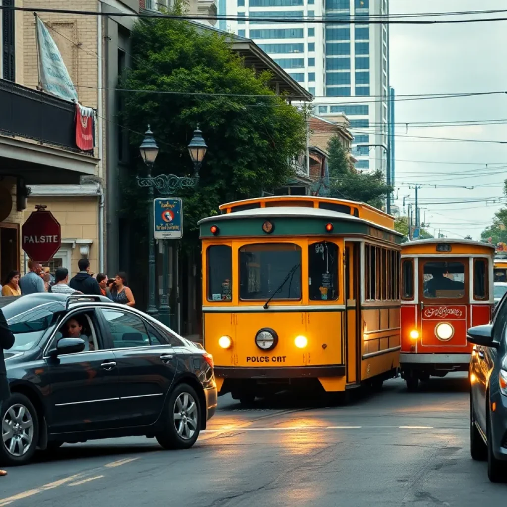 Scene of a car accident in New Orleans with streetcars and pedestrians