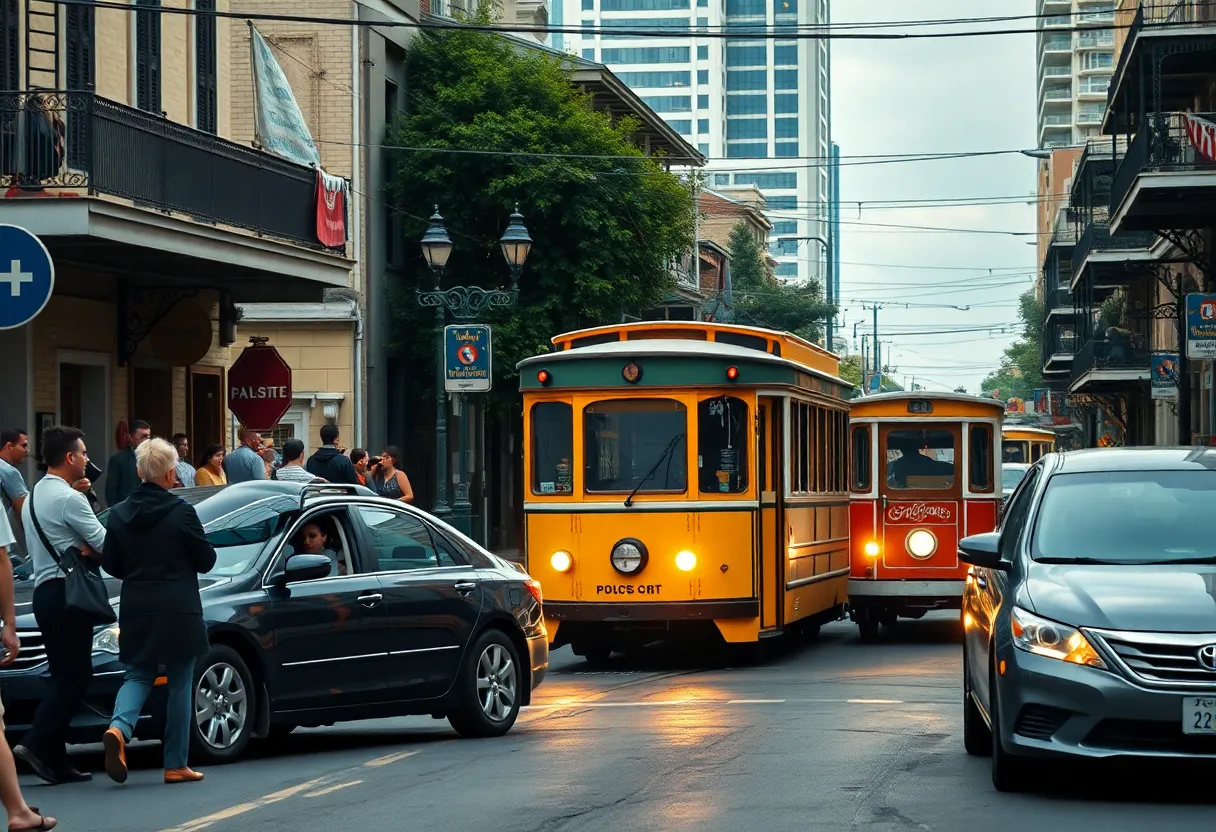Scene of a car accident in New Orleans with streetcars and pedestrians