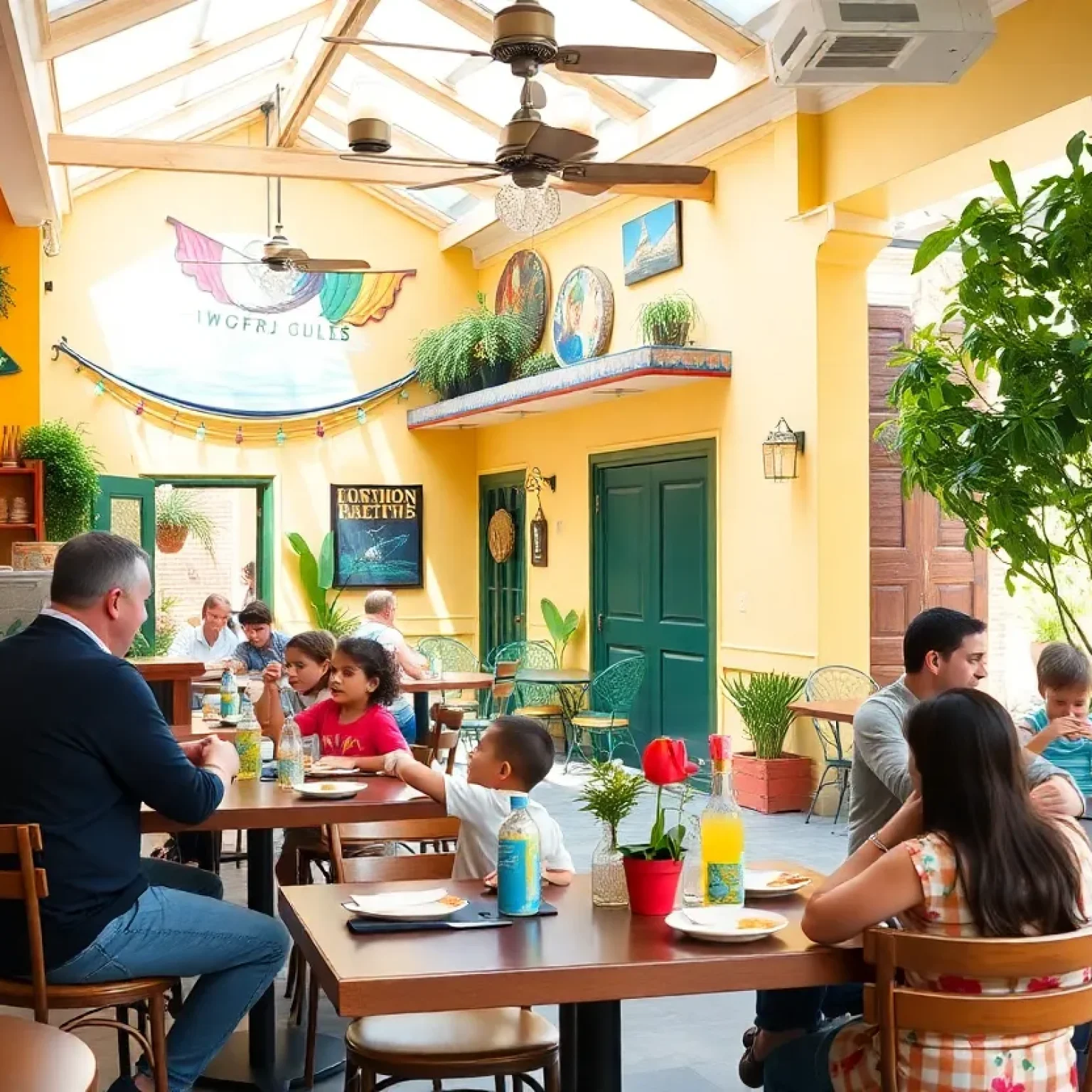 Families enjoying a meal at a restaurant in New Orleans