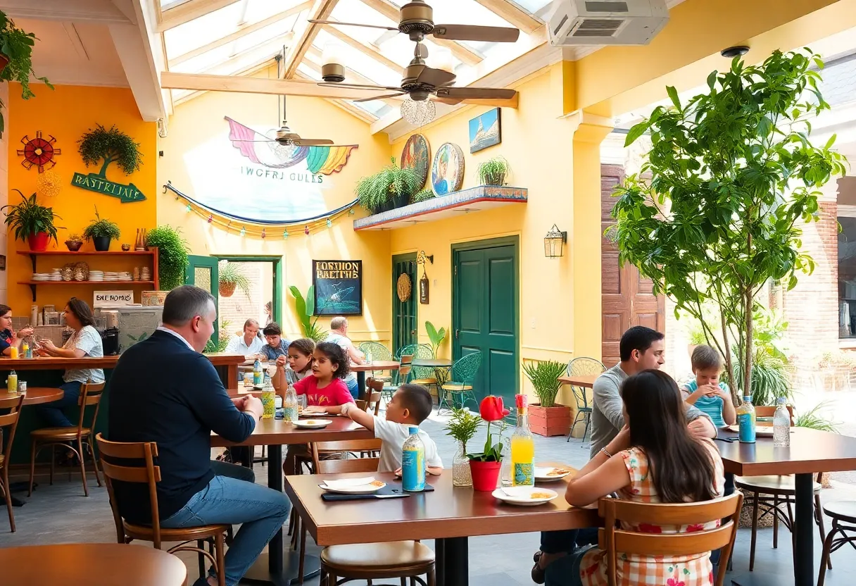Families enjoying a meal at a restaurant in New Orleans