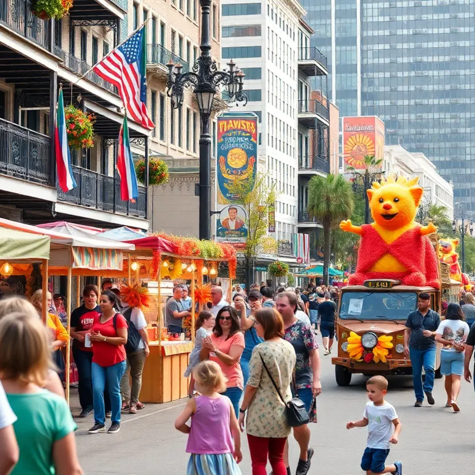 A vibrant depiction of various fall events in New Orleans, with parades and family activities in the background.
