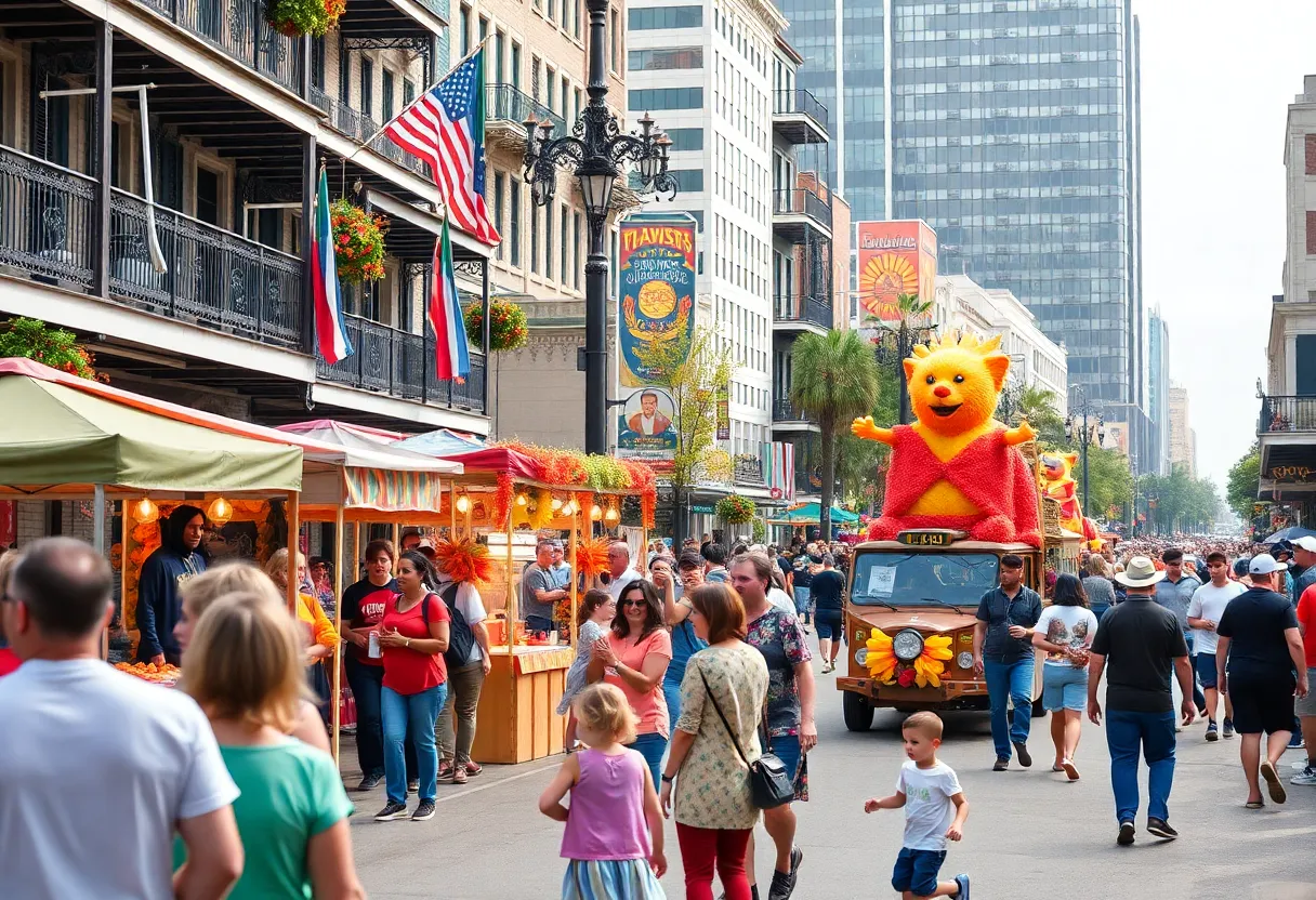 A vibrant depiction of various fall events in New Orleans, with parades and family activities in the background.