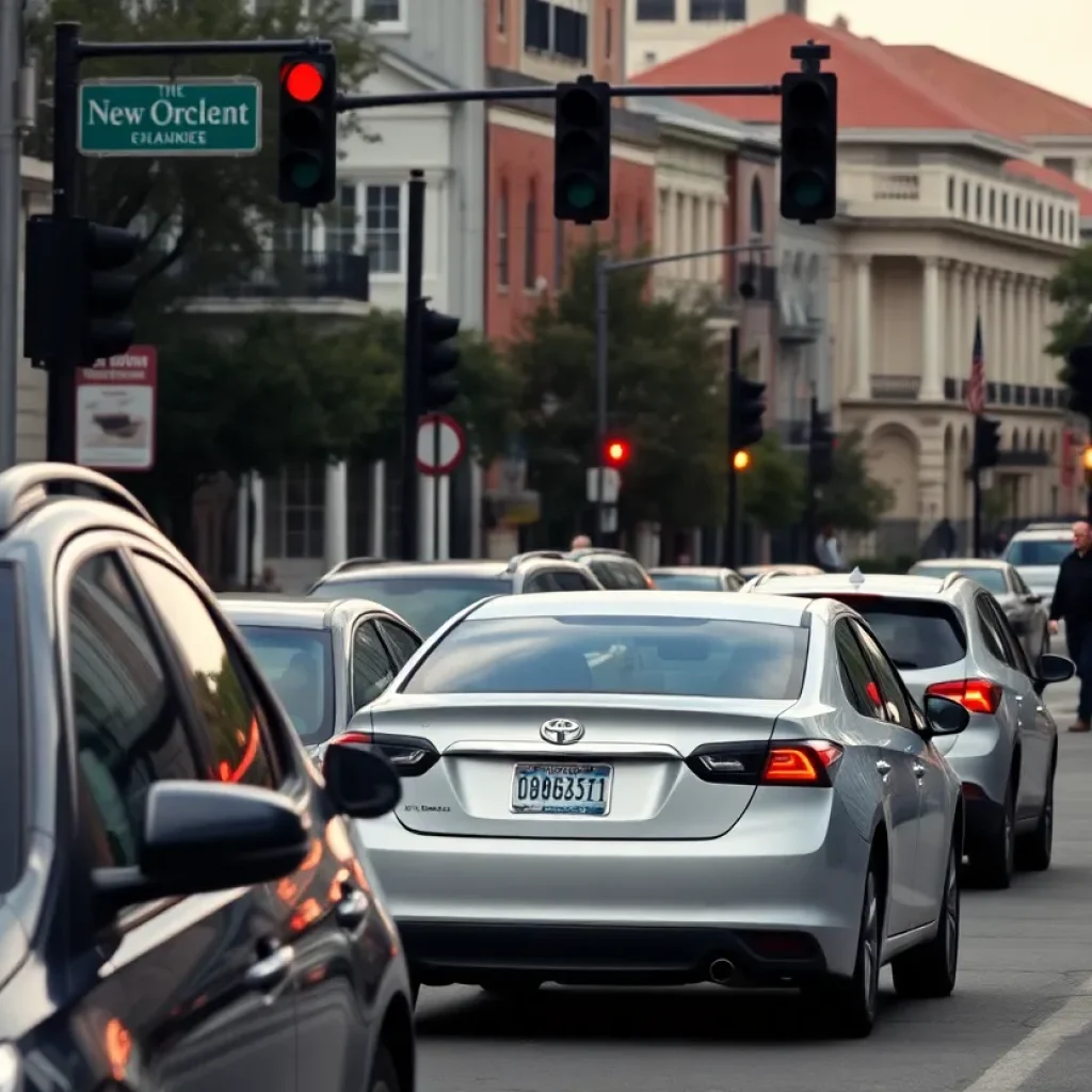 New Orleans street with parked cars and traffic, illustrating a minor car accident situation.