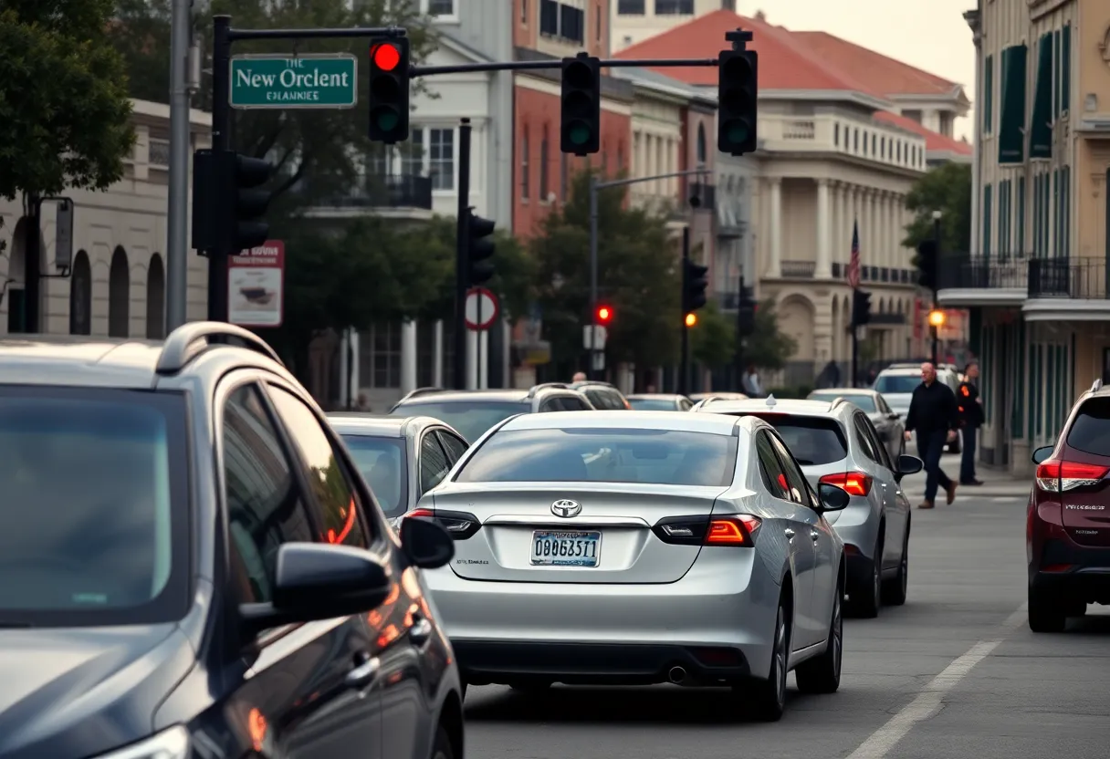 New Orleans street with parked cars and traffic, illustrating a minor car accident situation.