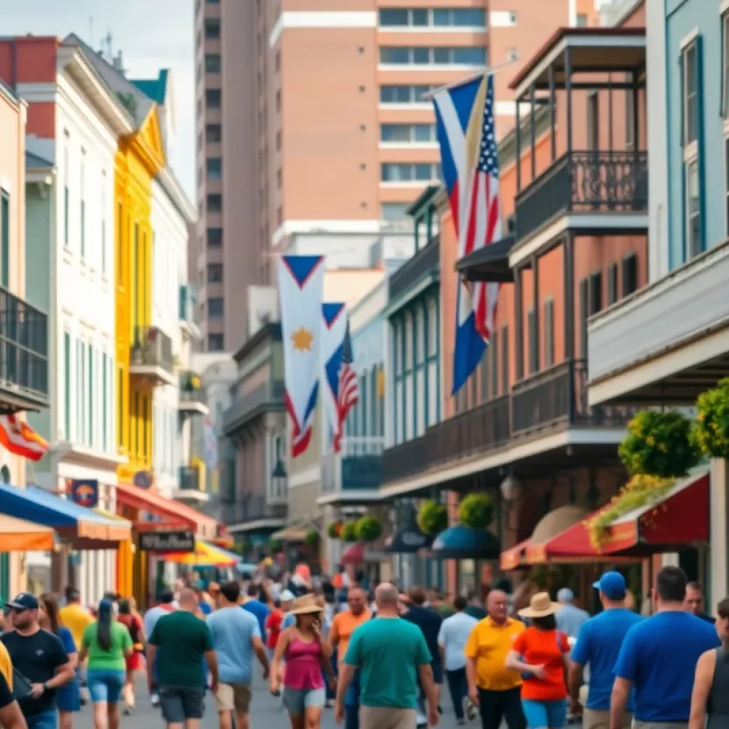 Colorful street scene in New Orleans with buildings and people during a festival