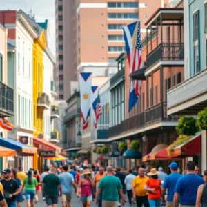 Colorful street scene in New Orleans with buildings and people during a festival