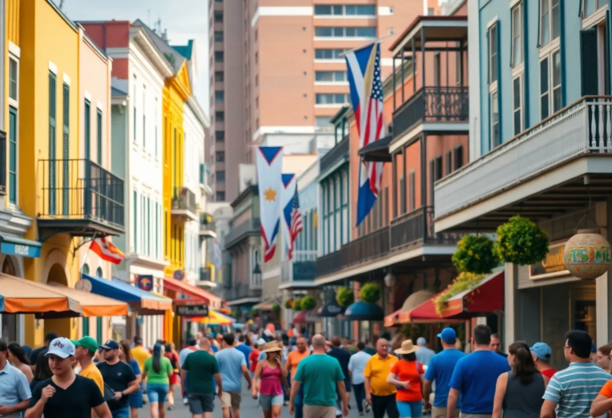 Colorful street scene in New Orleans with buildings and people during a festival