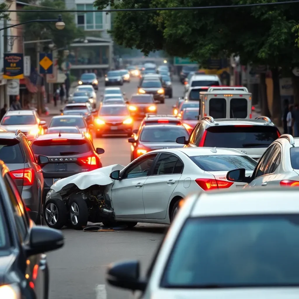 An accident scene on a New Orleans street with damaged vehicles.