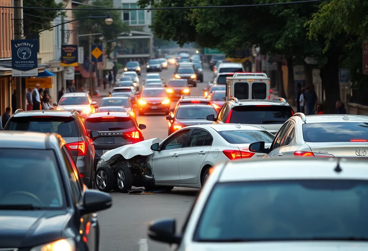 An accident scene on a New Orleans street with damaged vehicles.