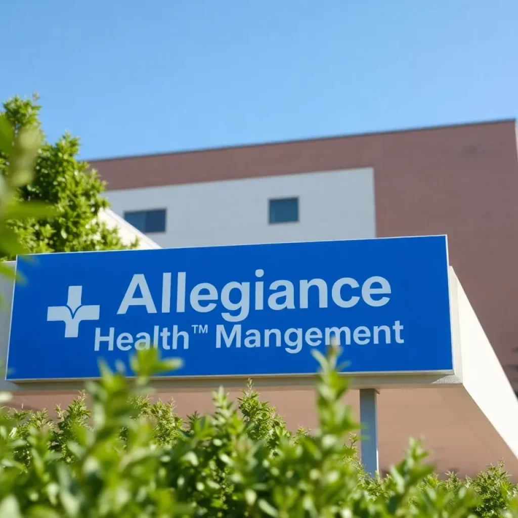 Hospital building of Allegiance Health Management surrounded by trees
