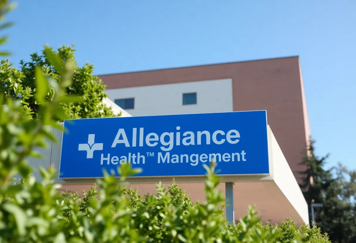 Hospital building of Allegiance Health Management surrounded by trees
