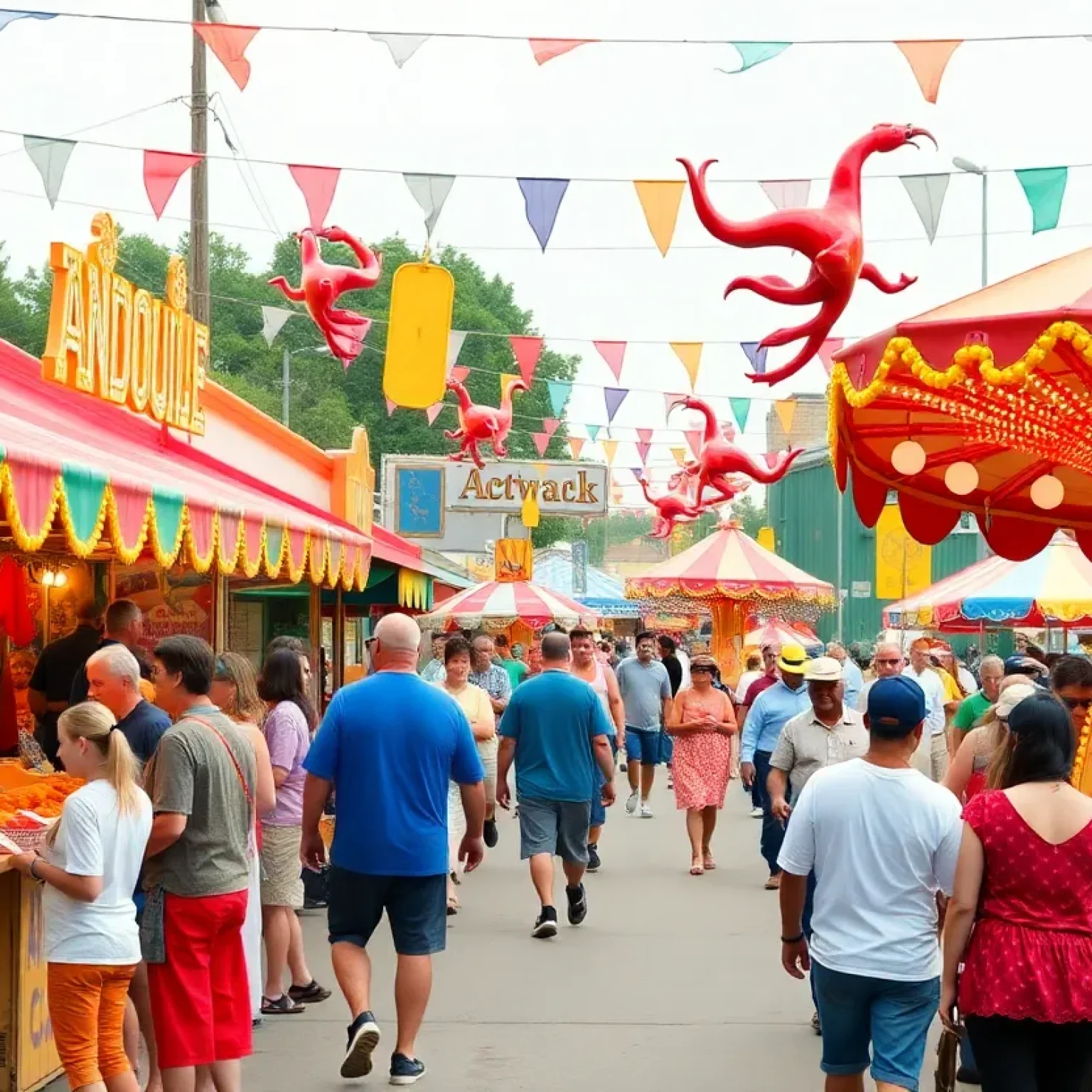 Families enjoying the Andouille Festival in LaPlace, Louisiana with colorful stalls and activities.